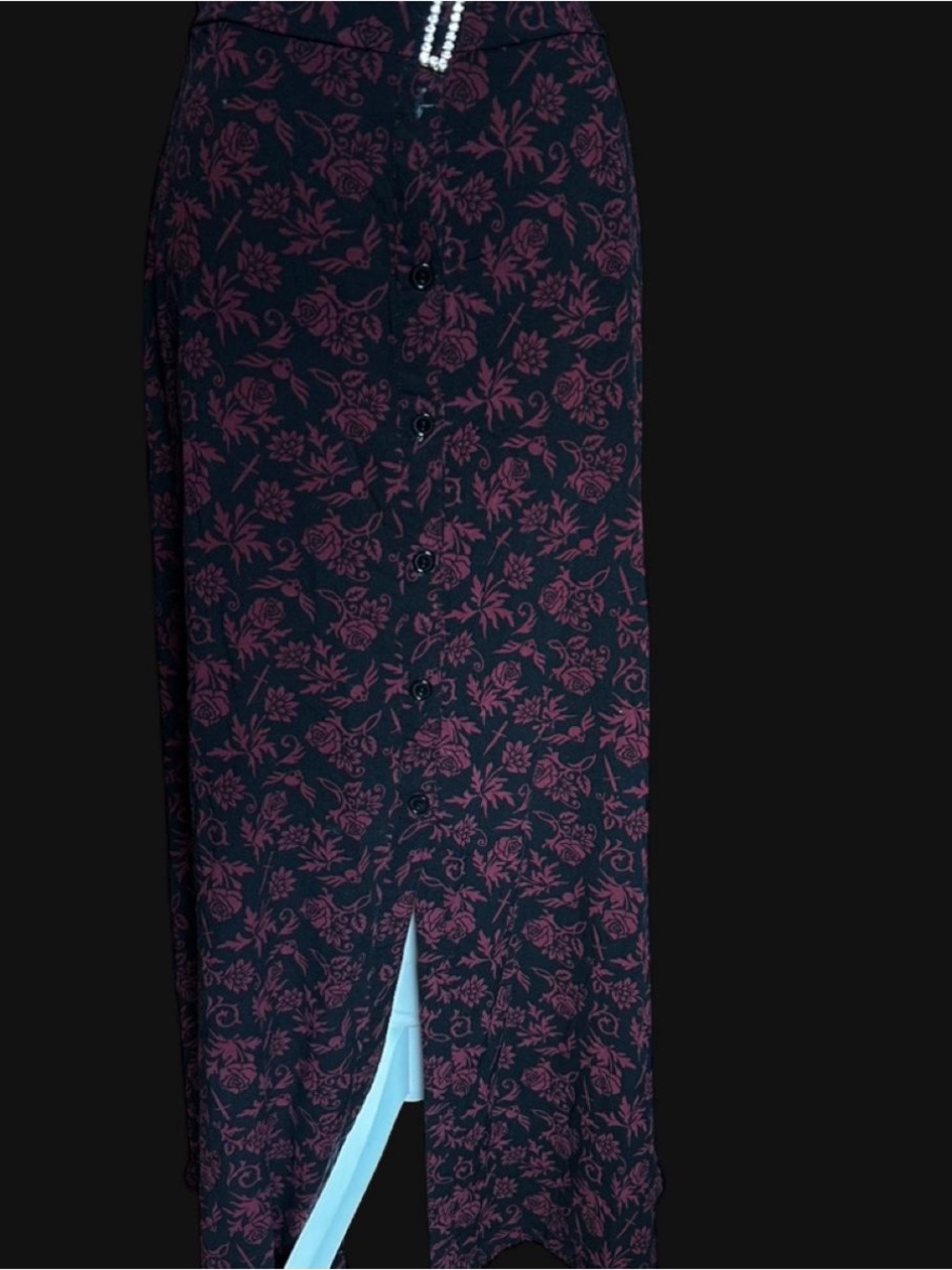 Women’s Black and Burgundy Floral Button-Front Maxi Skirt